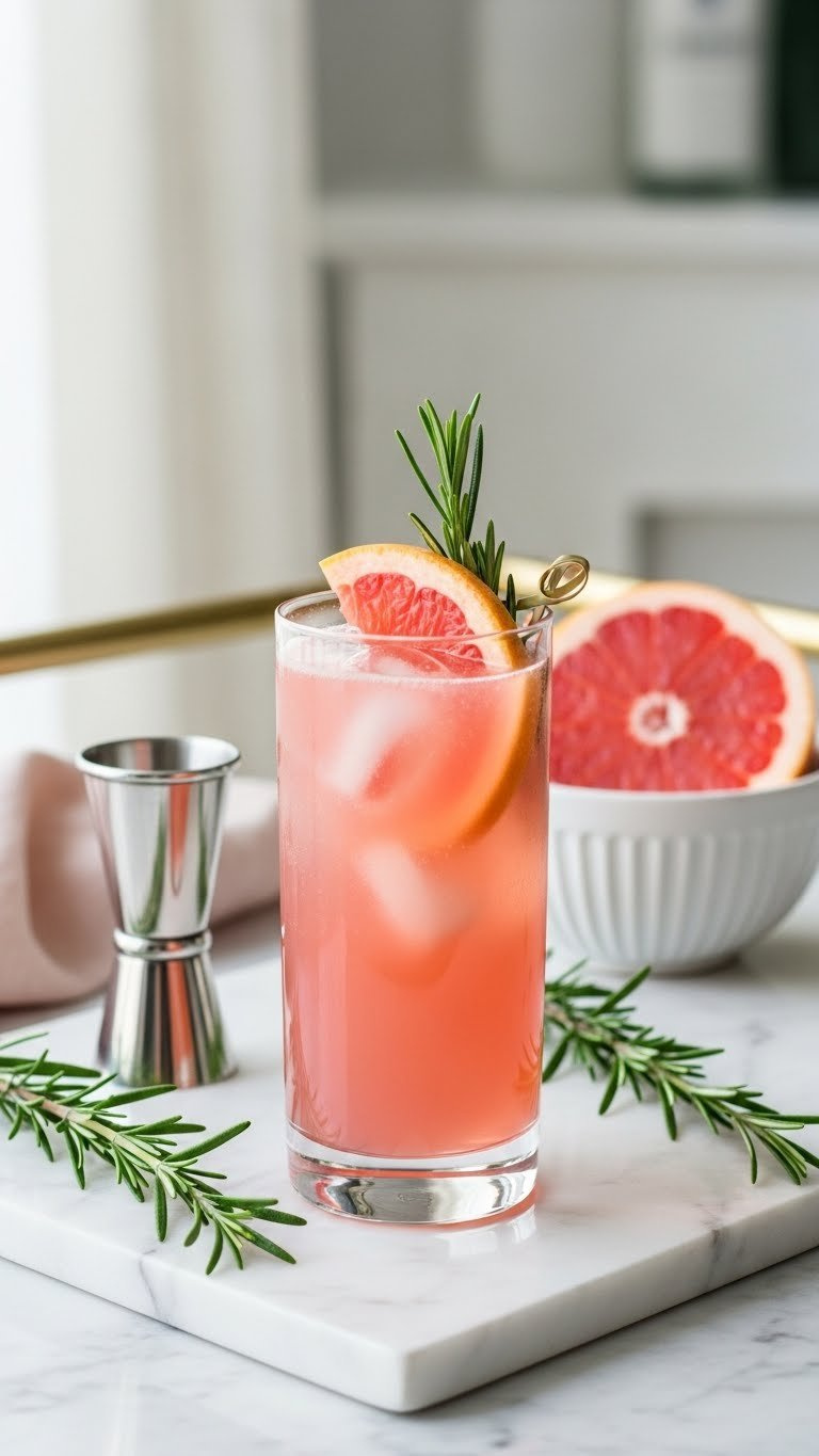 Elegant Pale Pink Grapefruit Rosemary Spritzer In Tall Highball Glass With Fresh Rosemary Sprig Garnish