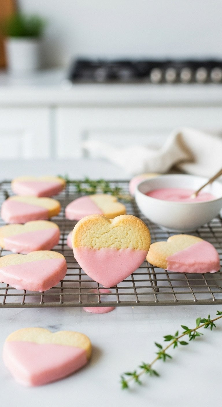 Elegant Pale Pink Heart Shortbread Cookies, Half-Dipped In Lemon-Almond Glaze, On Wire Rack, Marble, Natural Light.