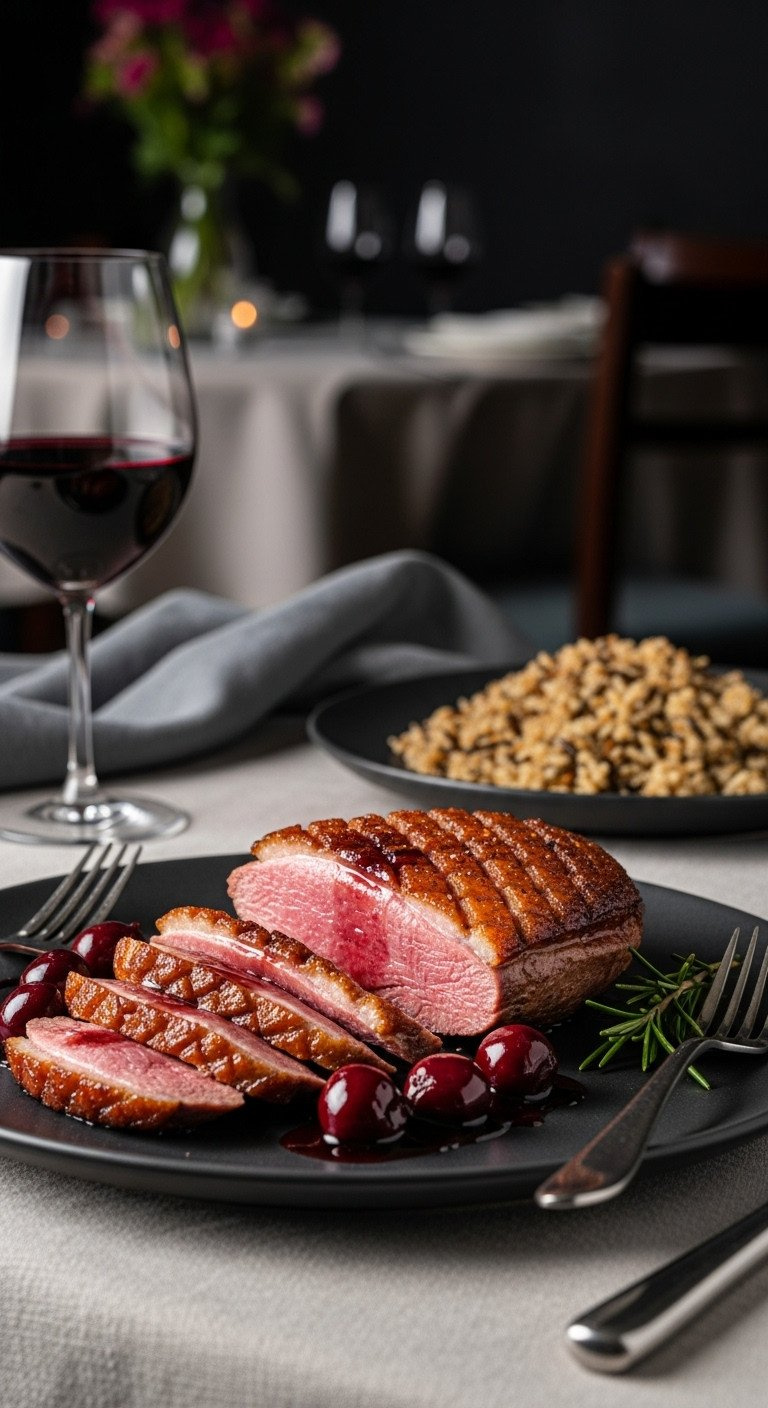 Elegant Pan-Seared Duck Breast, Sliced, With Crispy Skin, Pink Interior, And Rich Cherry Sauce On A Dark Plate.