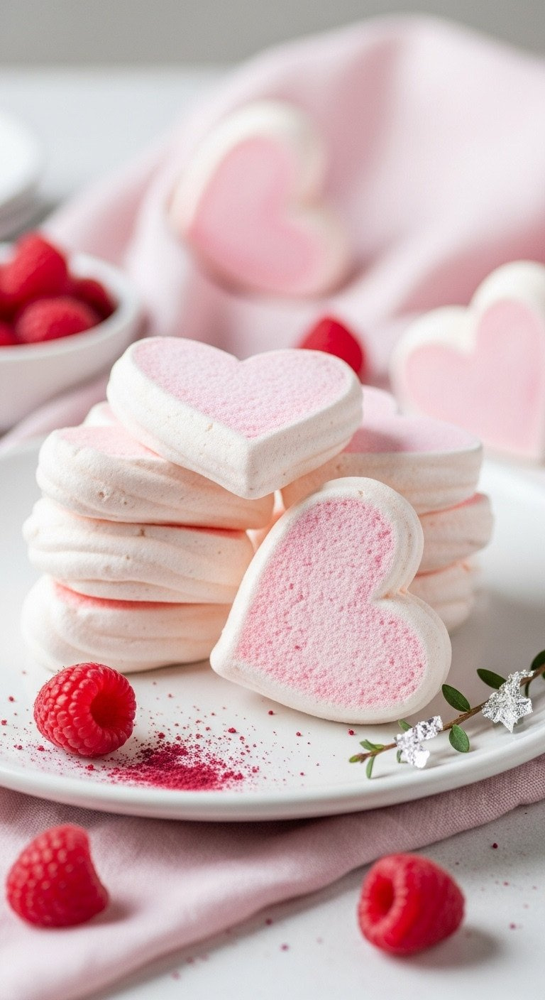 Elegant Pastel Pink And White Heart-Shaped Meringues, Crisp, Stacked. On White Platter With Raspberries, Silver Leaf. Soft Light.