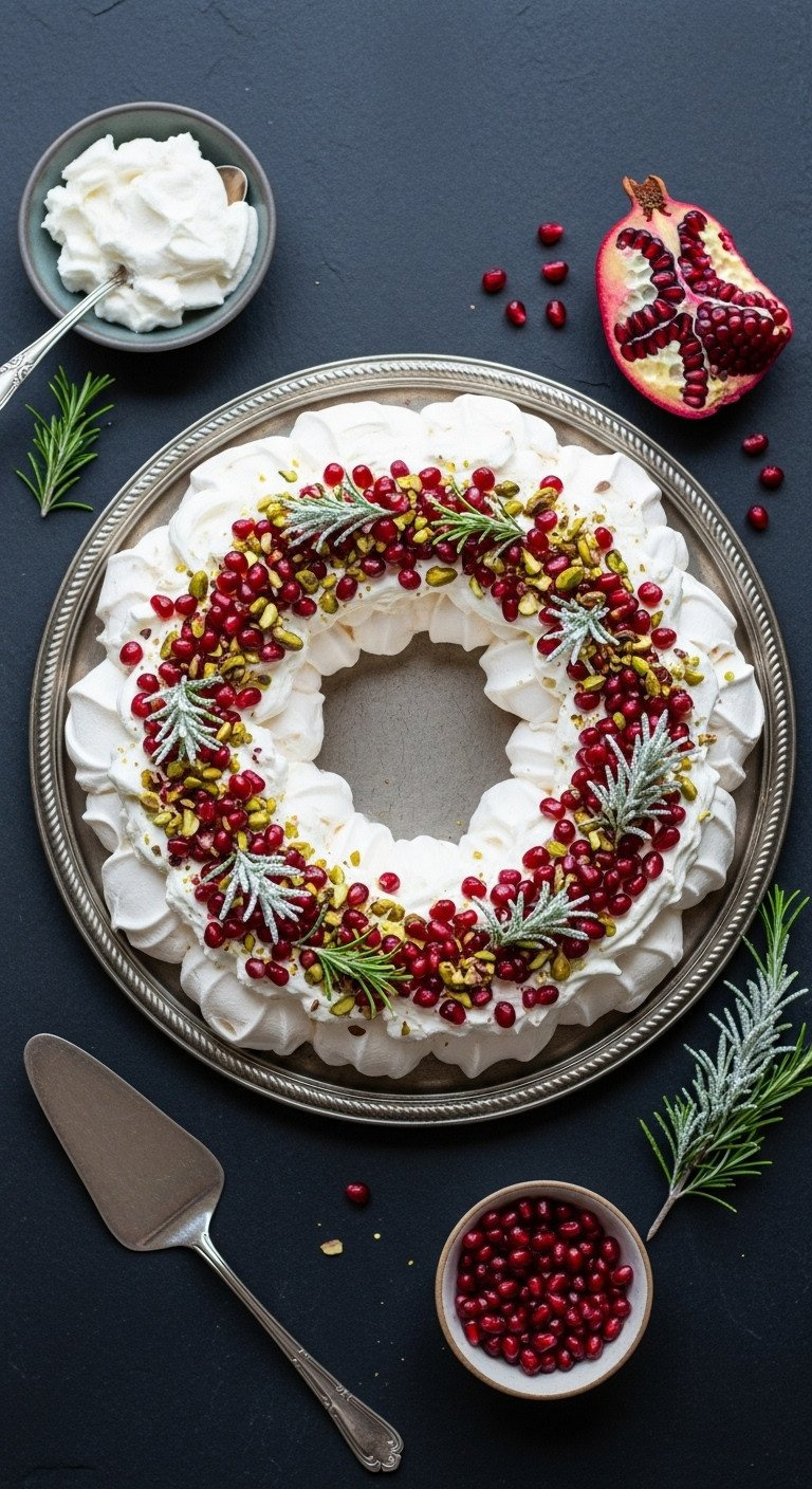 Elegant Pavlova Wreath: Crisp Meringue, Whipped Cream, Pomegranate Arils, Pistachios, Sugared Rosemary. Festive Holiday Dessert Recipe.