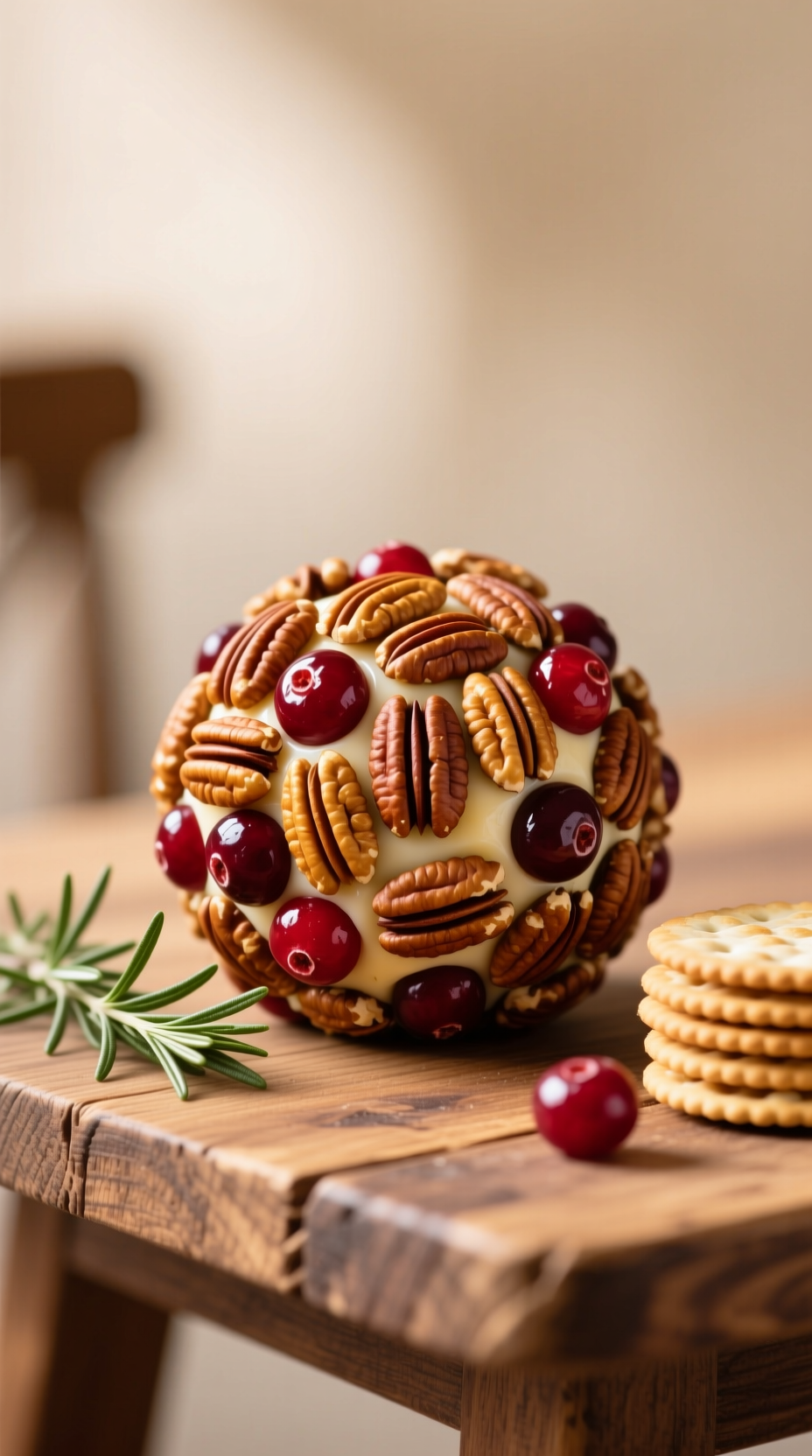 Elegant Pecan Cranberry Cheese Ball, Perfectly Textured, Served With Artisanal Crackers On A Rustic Wooden Table.