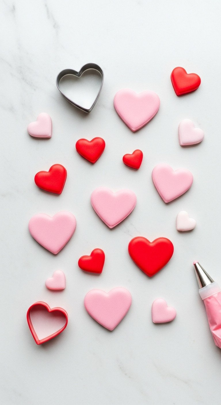 Elegant Pink, Red Royal Icing Heart Decorations In Various Sizes On White, With Cookie Cutter, Piping Tip.
