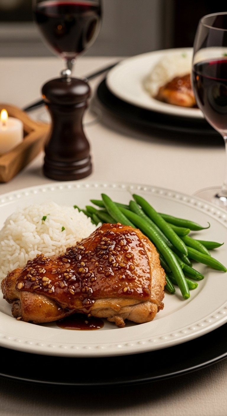 Elegant Plate Of Glazed Garlic Brown Sugar Chicken Served With White Rice And Green Beans.