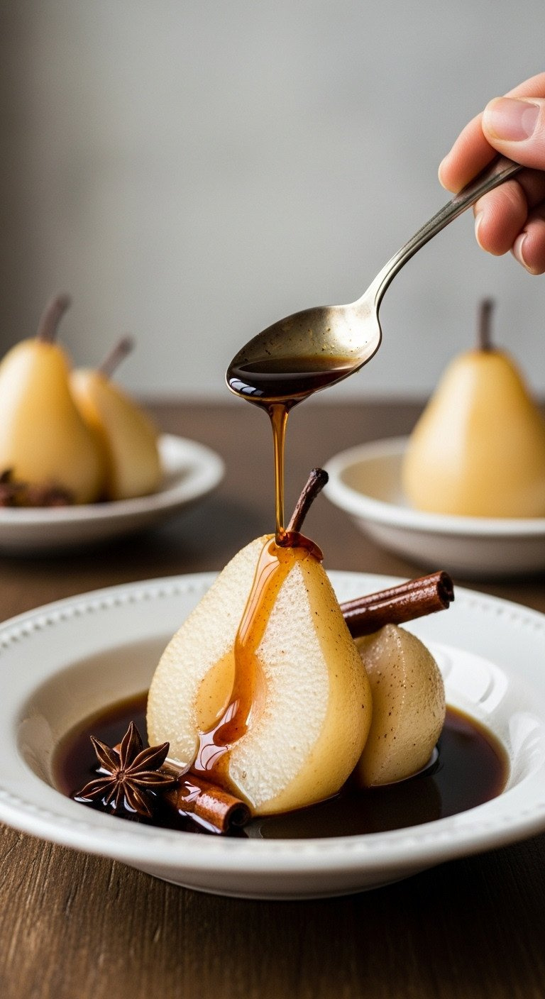 Elegant Poached Pear In White Bowl, Glistening With Spiced Syrup. Cinnamon Stick, Star Anise. Light Fall Dessert.