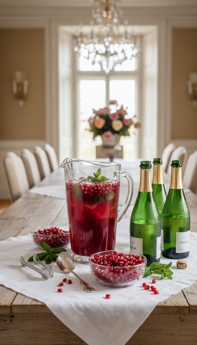 Elegant Pomegranate Prosecco Punch In Glass Pitcher With Fresh Seeds, Prosecco Bottles, Mint. Festive Holiday Party Cocktail.