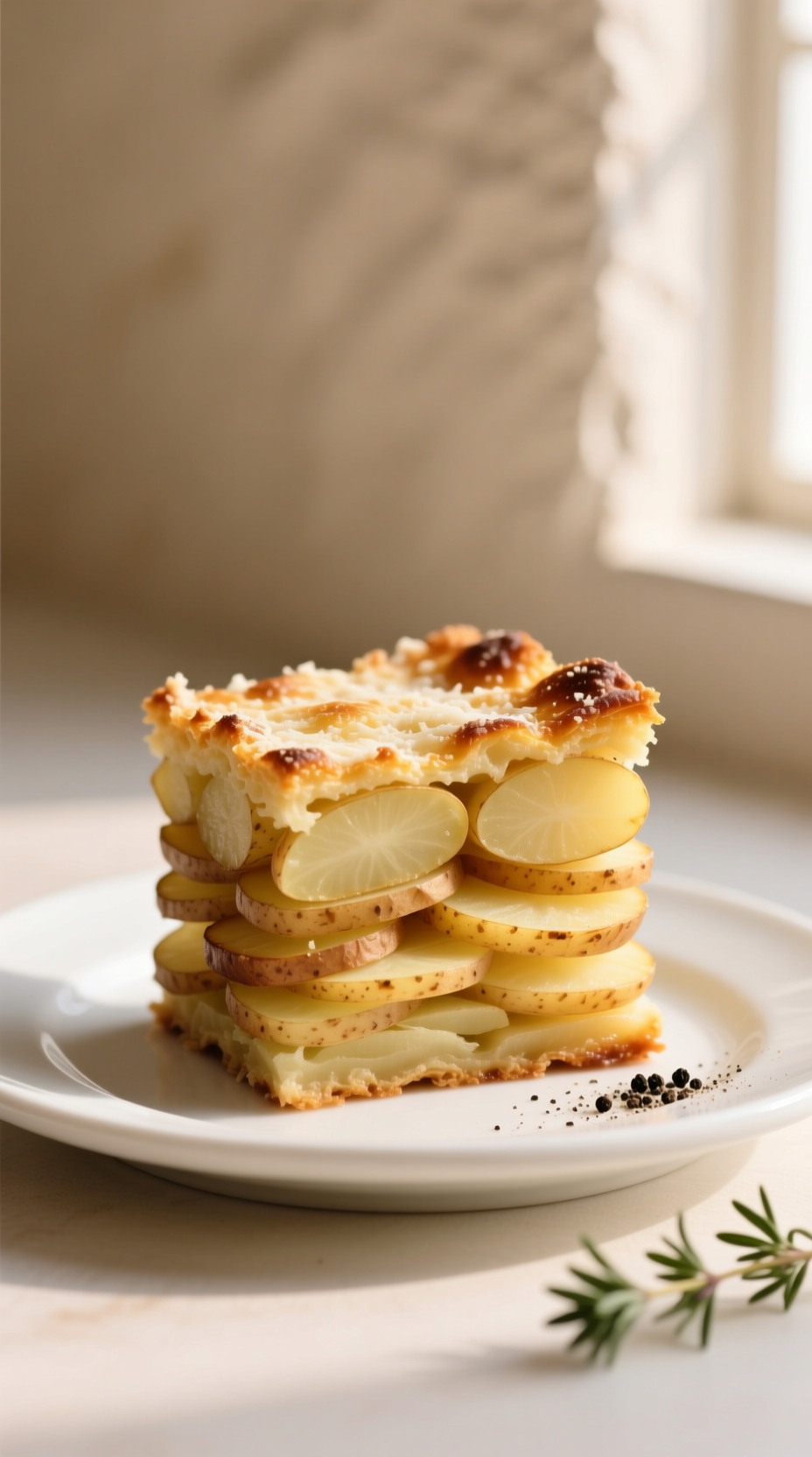 Elegant Potato Pavé Slice On White Plate, Showcasing Precise Layers, Golden-Brown Crispy Parmesan Crust, And Fresh Thyme.