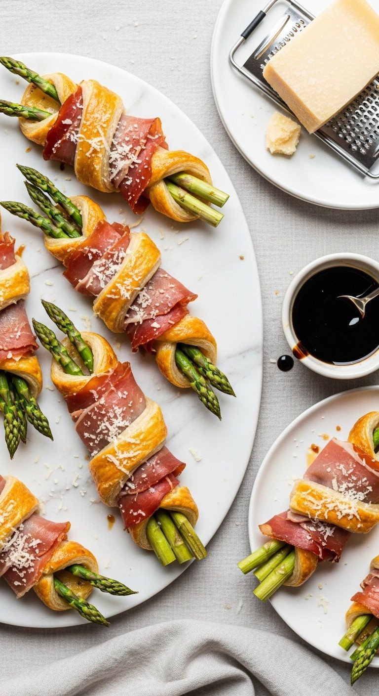 Elegant Prosciutto &Amp; Asparagus Puff Pastry Bundles With Parmesan, On A White Marble Platter. Gourmet Appetizer Recipe.