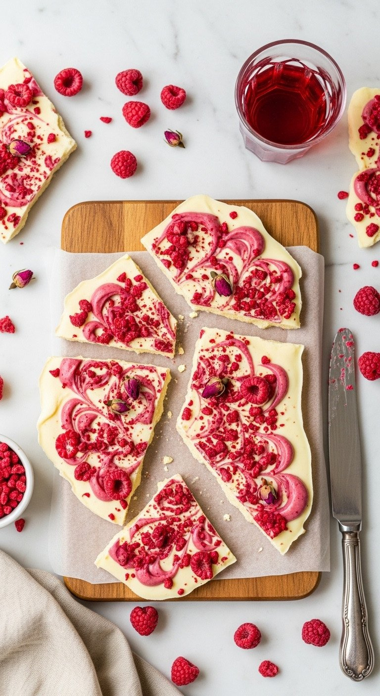 Elegant Raspberry White Chocolate Bark With Pink Swirls, Crushed Freeze-Dried Raspberries &Amp; Rose Petals On A Wooden Board.