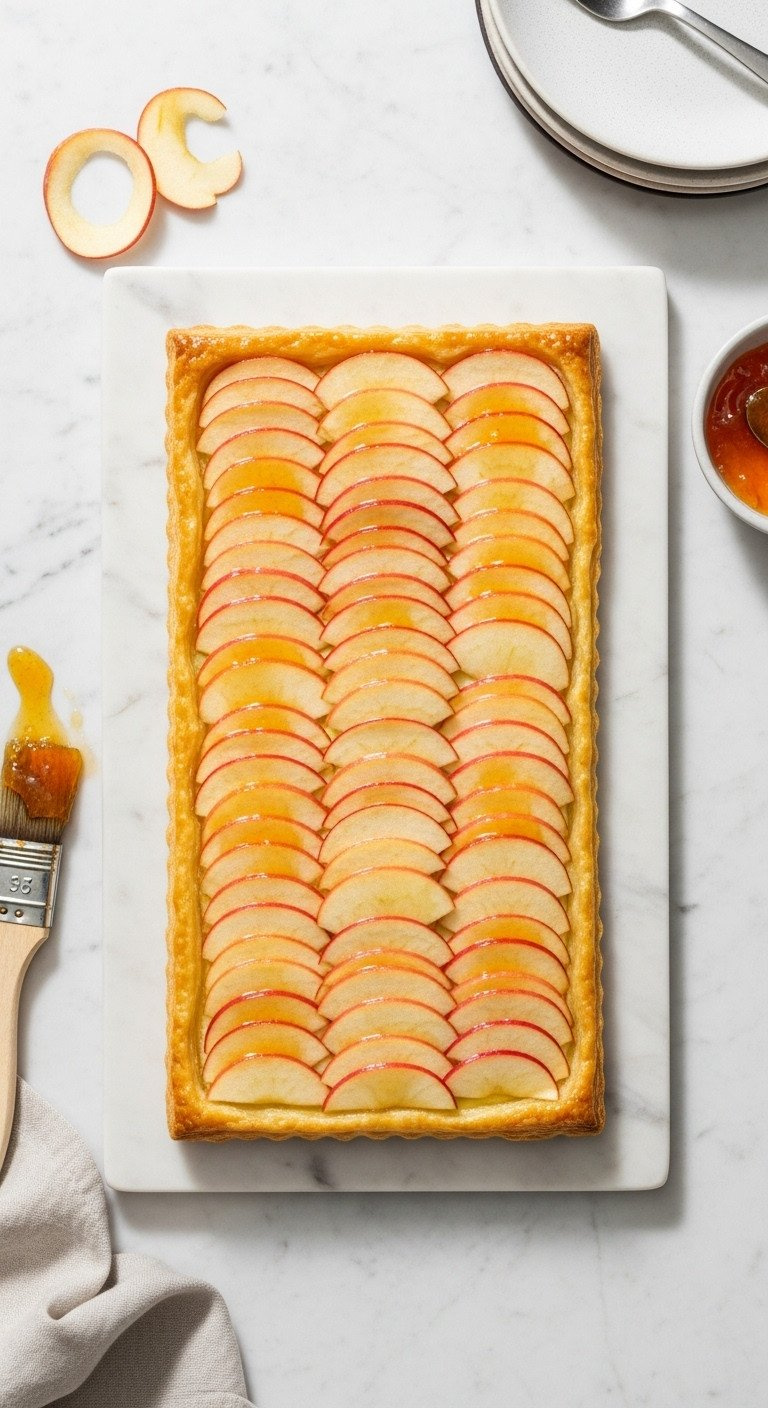Elegant Rectangular French Apple Tart With Perfectly Arranged Apple Slices, Shiny Apricot Glaze On Marble Board.