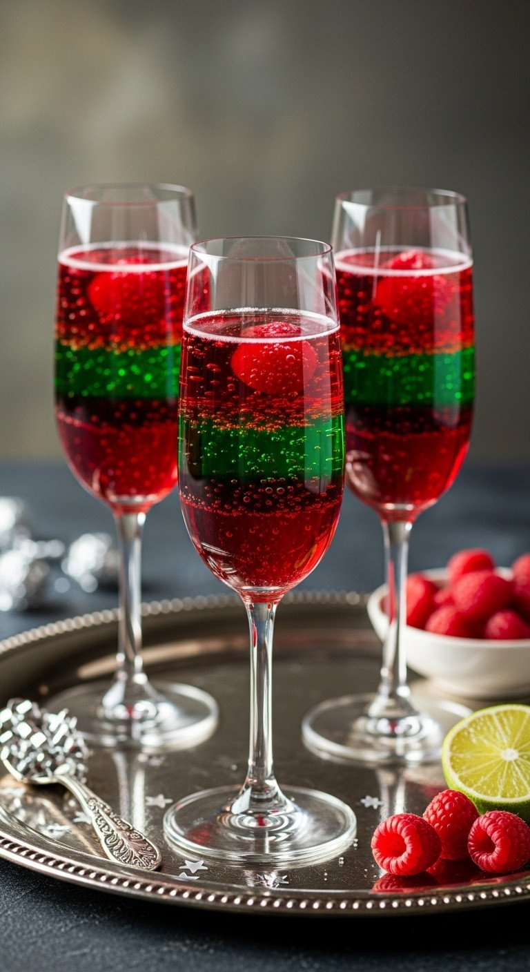 Elegant Red And Green Champagne Jello In Flutes, Layered With Bubbles, On A Silver Tray With Confetti And Raspberries.