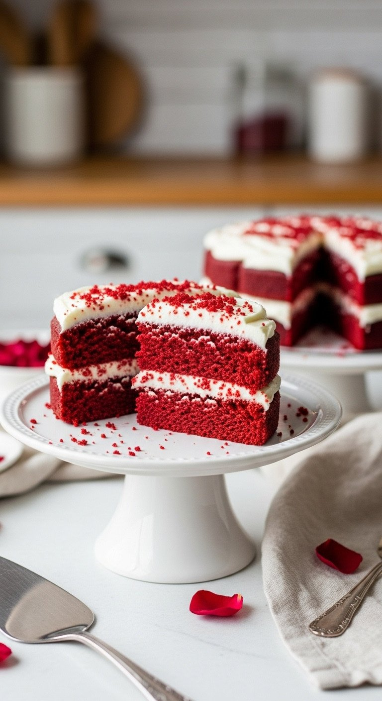 Elegant Red Velvet Cake Slice, Heart-Shaped With Thick Cream Cheese Frosting, On A White Stand, Set For A Romantic Valentine's Day Dessert.