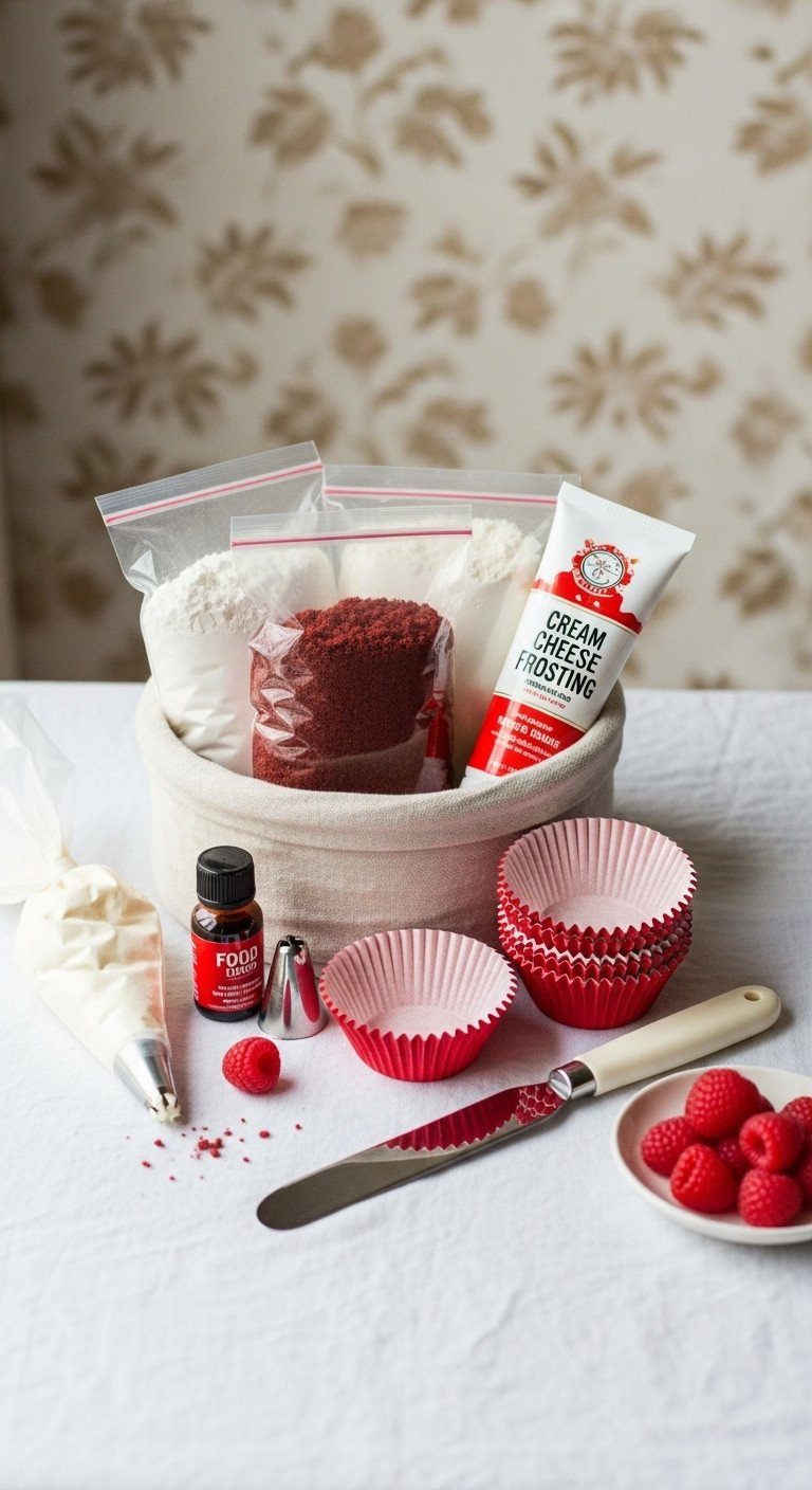 Elegant Red Velvet Cupcake Kit In A Basket With Dry Ingredients, Frosting, Red Liners, Spatula, And Fresh Raspberries.