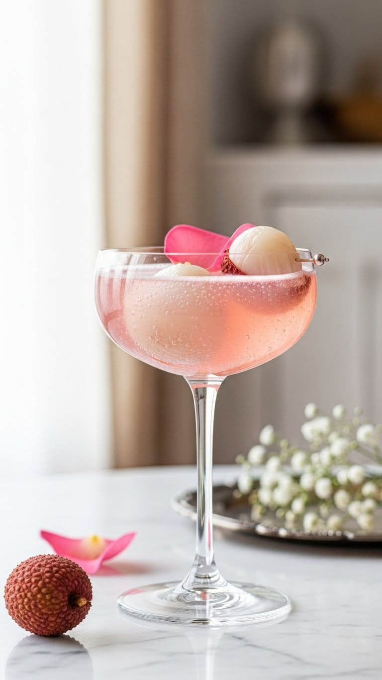 Elegant Rose And Lychee Fizz Mocktail In Coupe Glass With Edible Rose Petal And Sparkling Bubbles On White Marble Surface