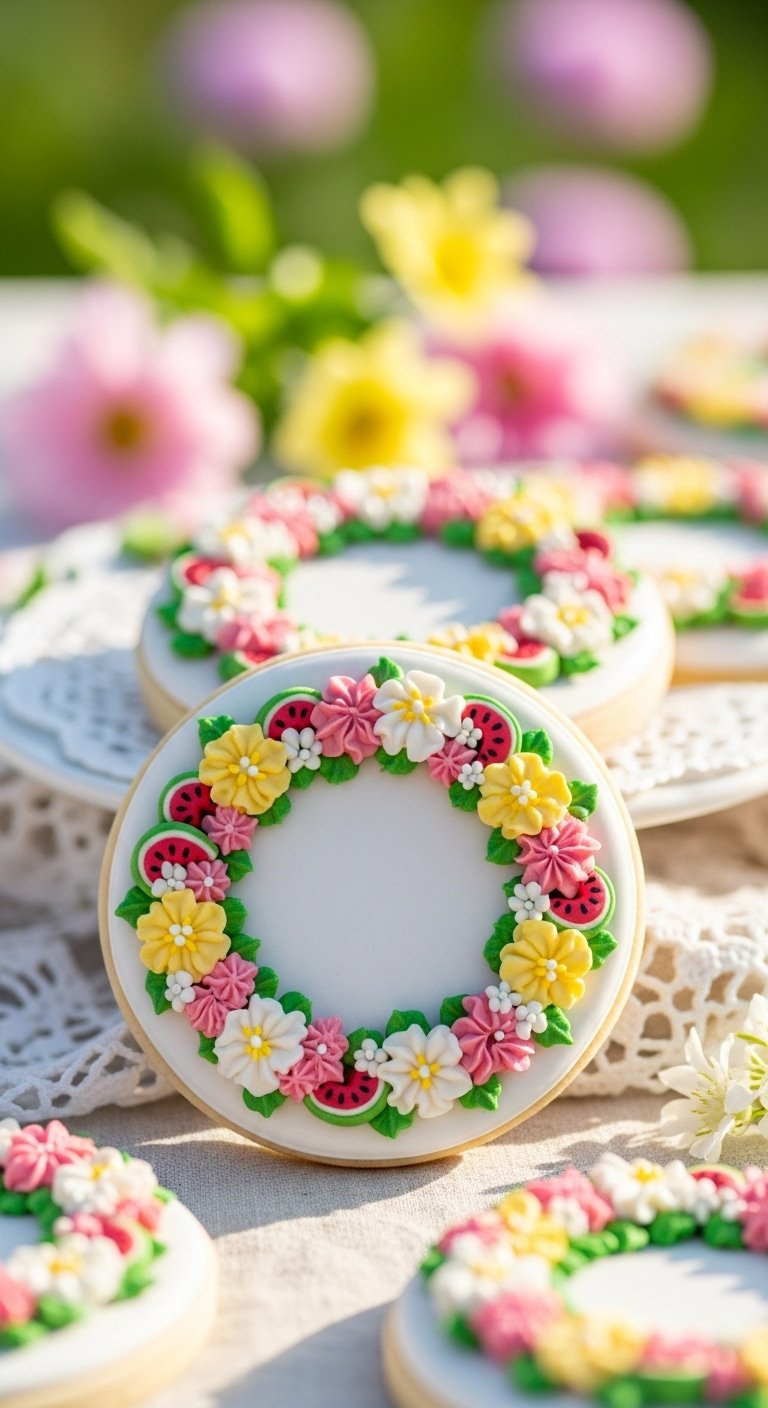Elegant Round Sugar Cookies With A White Base Decorated With A Wreath Of Pink Flowers, Green Leaves, And Watermelon Slices.