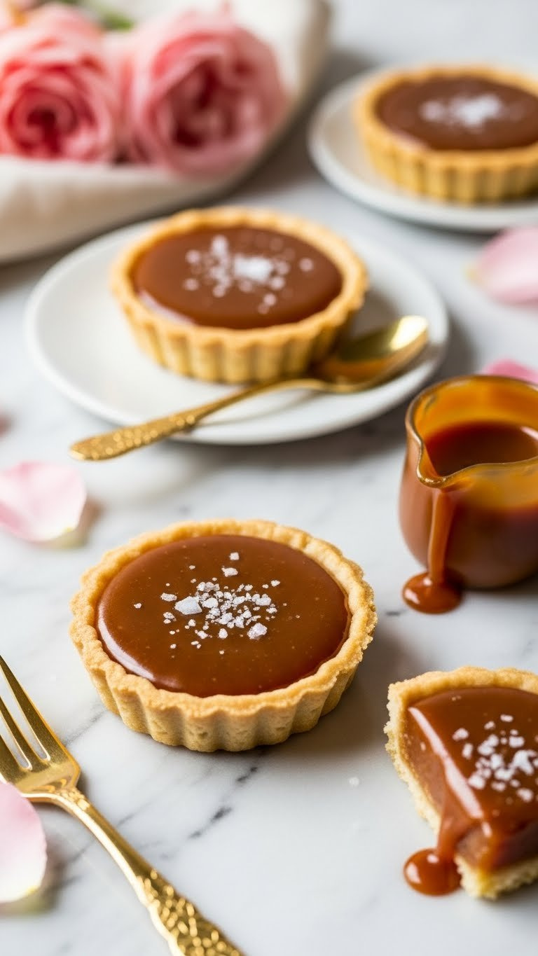 Elegant Salted Caramel Tarts With Glossy Caramel, Flaky Sea Salt On A Marble Counter, Rose Petals, Warm Golden Hour Light.