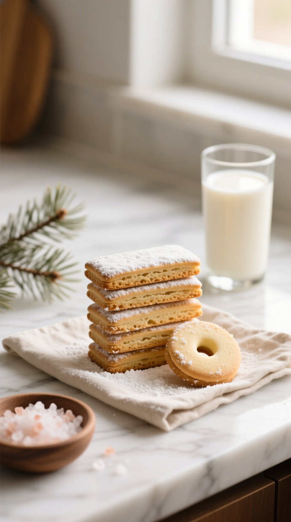 Elegant Shortbread Cookies, Rectangular Fingers, Lightly Dusted With Powdered Sugar, On Marble With Milk &Amp; Sea Salt Flakes.