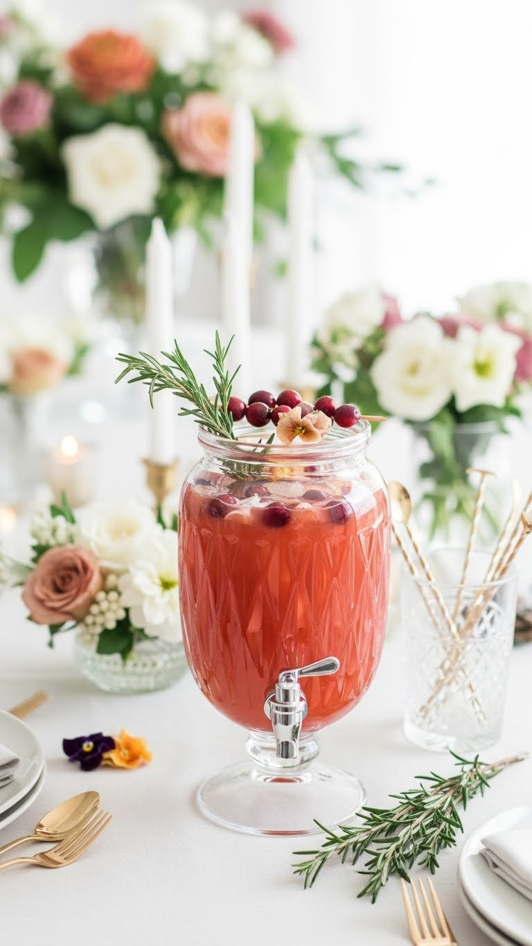 Elegant Signature Fall Wedding Punch In Crystal Dispenser With Edible Flowers