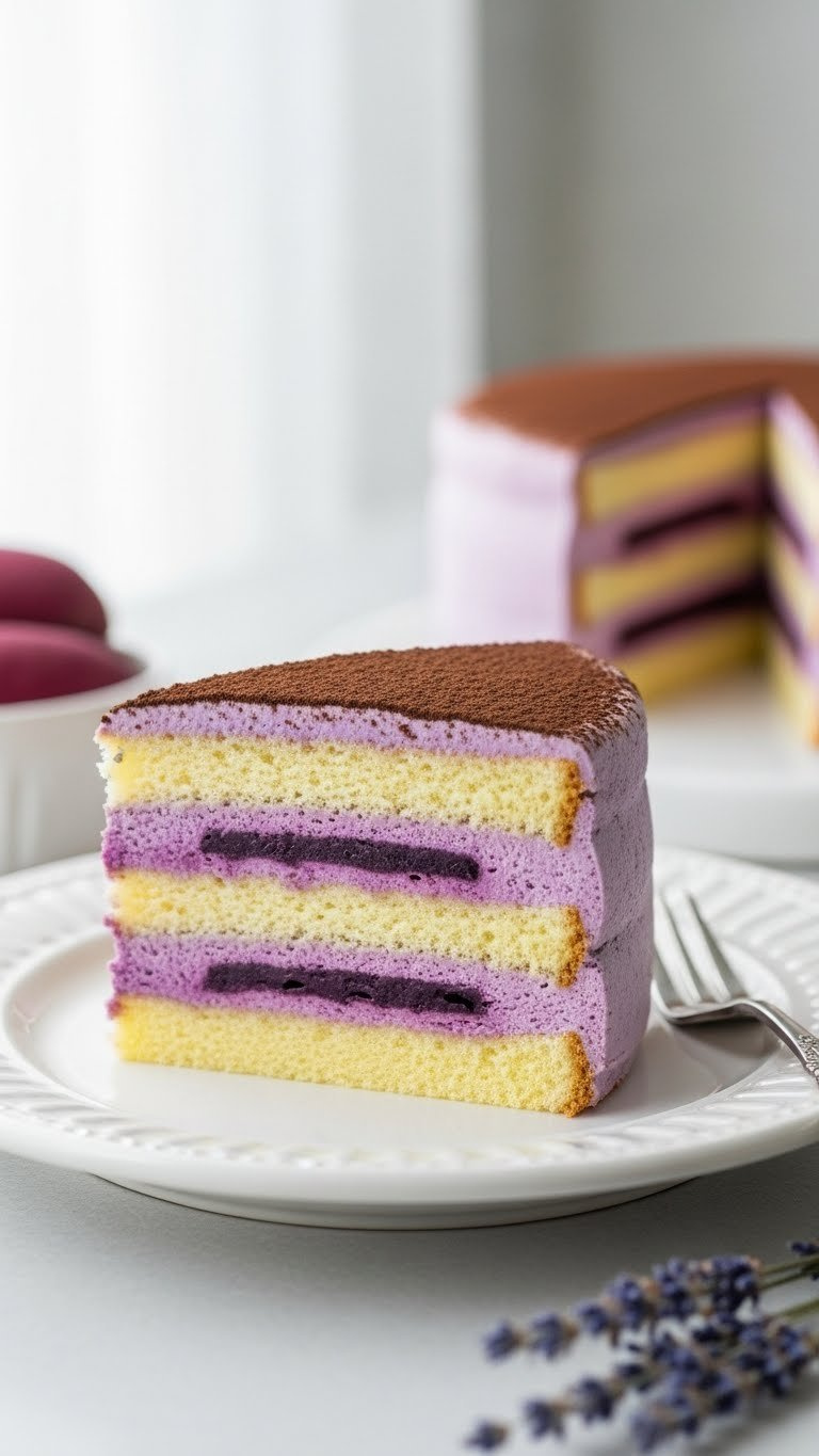 Elegant Slice Of Goguma Korean Sweet Potato Cake, Showing Purple Mousse And Sponge Layers Dusted With Cocoa Powder On White Plate.