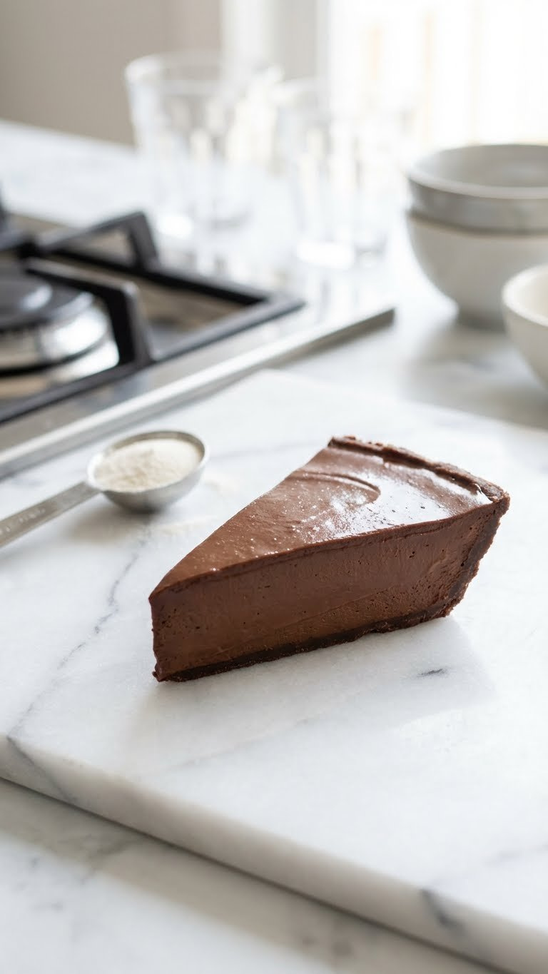 Elegant Slice Of Firm Vegan Chocolate Mousse With Agar-Agar, Smooth Glossy Surface, On Marble Countertop, Bright Light.