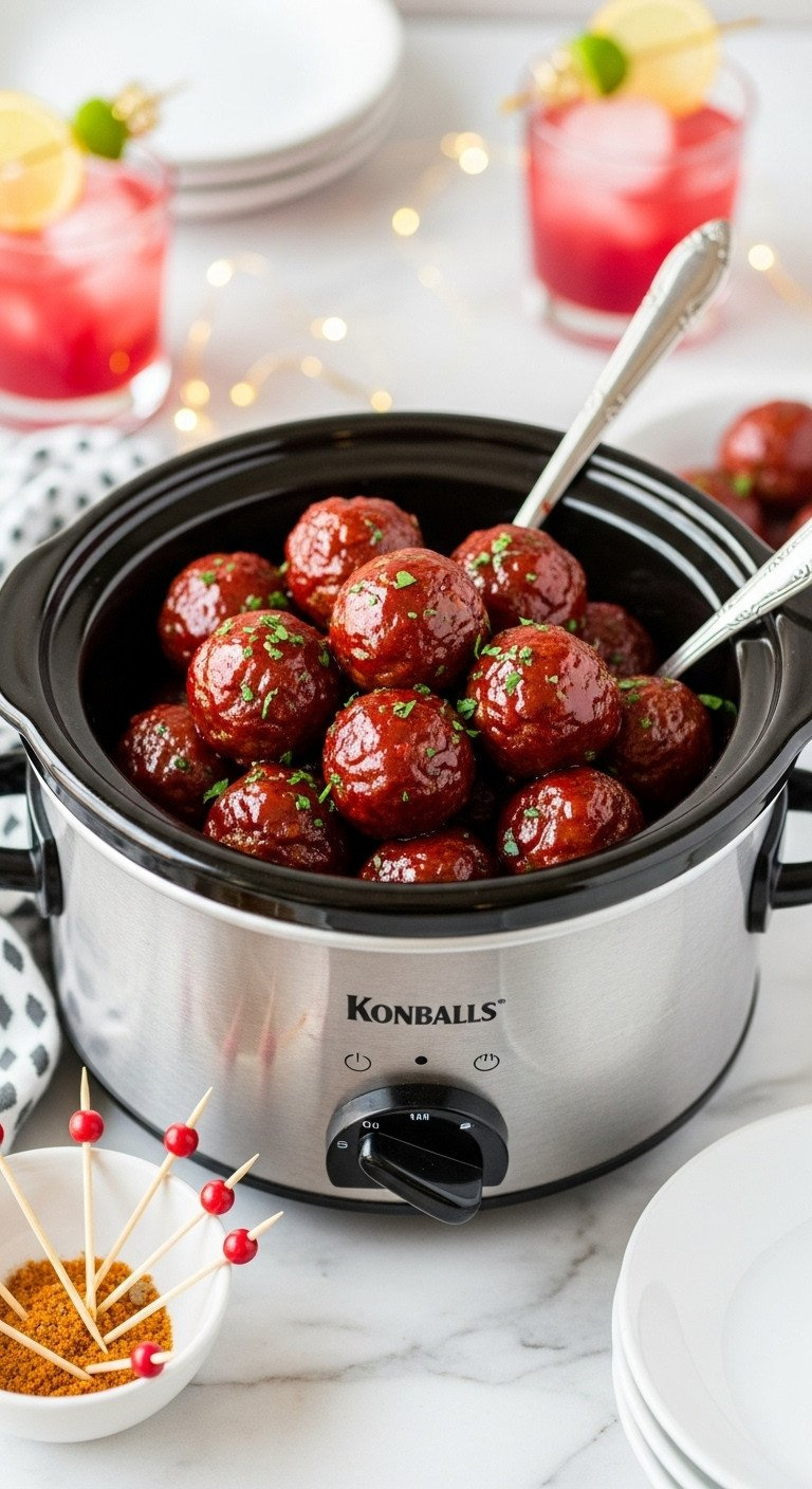 Elegant Slow Cooker With Glistening Cranberry-Glazed Meatballs, Garnished With Parsley, On A Marble Countertop.