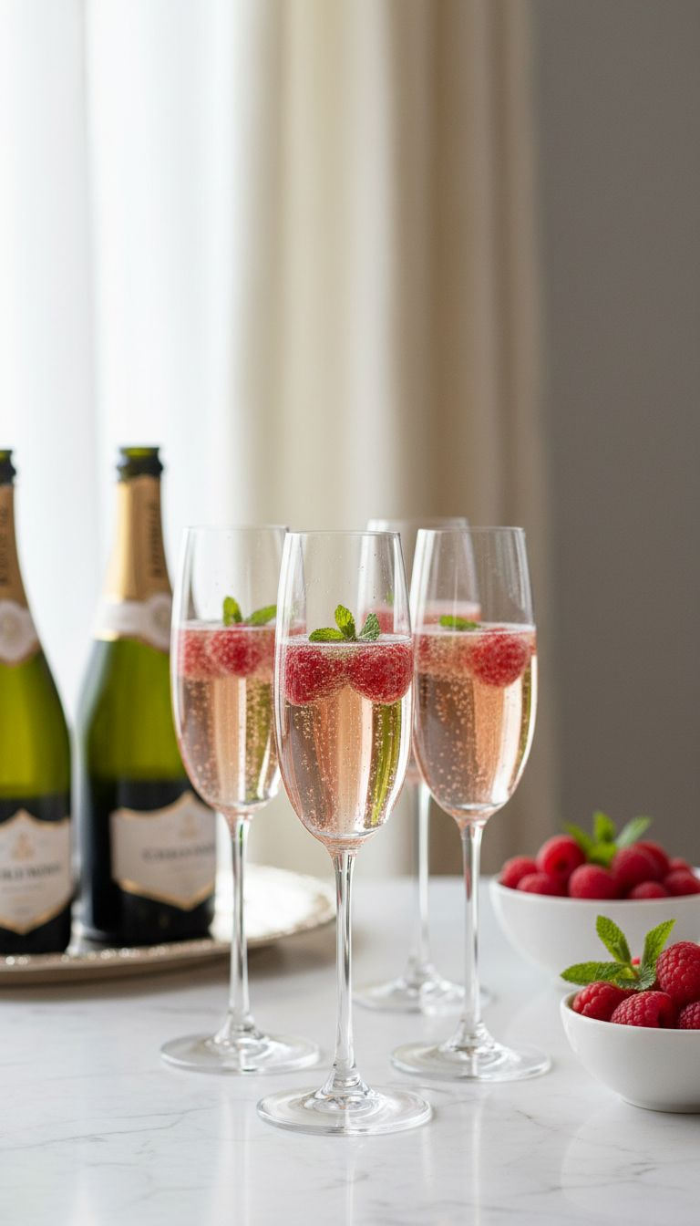 Elegant Sparkling Champagne Raspberry Punch In Crystal Flutes With Fresh Raspberries And Mint Sprigs On Marble. Luxurious Celebration Drink.
