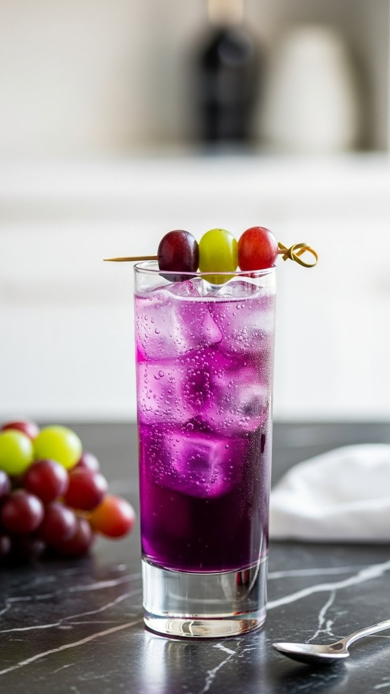 Elegant Sparkling Grape Sprite Fizz In Tall Flute Glass With Ice Cubes And Grape Skewer Garnish On Dark Marble Countertop