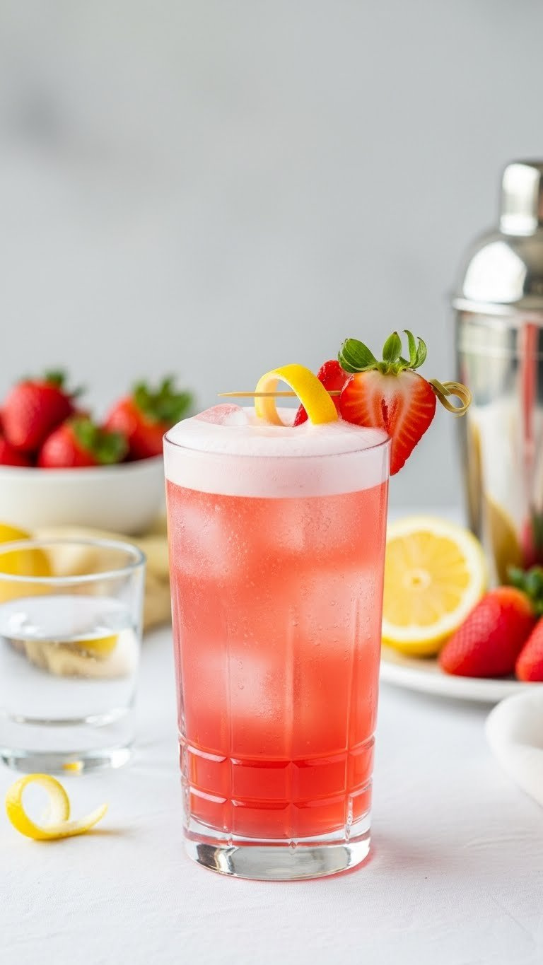 Elegant Sparkling Strawberry Gin Fizz Cocktail With Frothy Foam In Collins Glass On White Brunch Tablecloth.