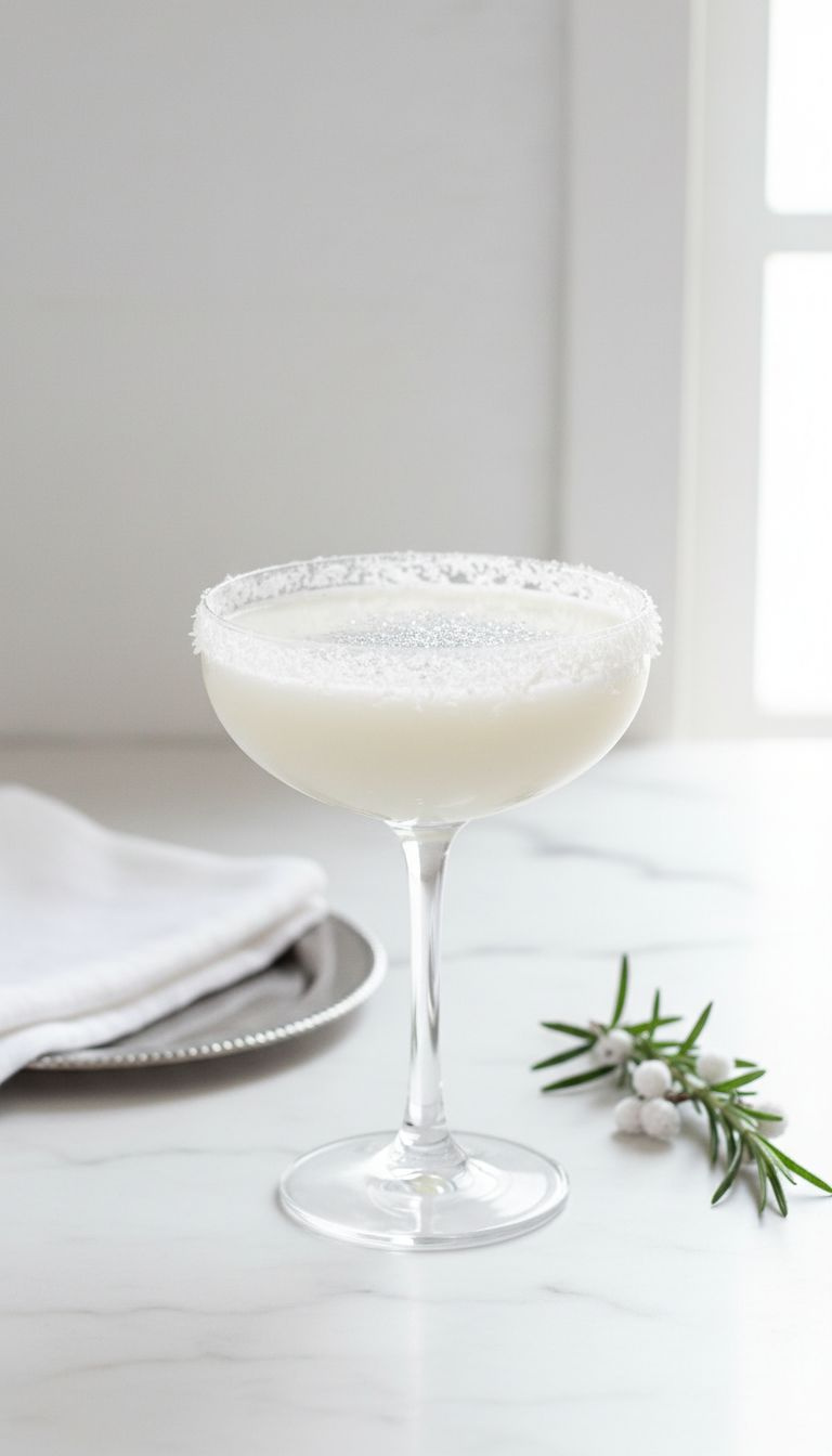 Elegant Sparkling White Christmas Punch In Coupe Glass, Silver Glitter, Coconut Rim, Rosemary Sprig On Marble. Sophisticated Holiday Drink.