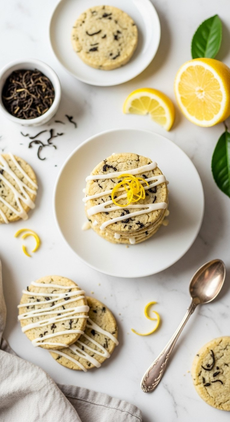 Elegant Stack Of Earl Grey And Lemon Shortbread Cookies Speckled With Tea Leaves And Topped With Lemon Glaze On White Marble Surface.