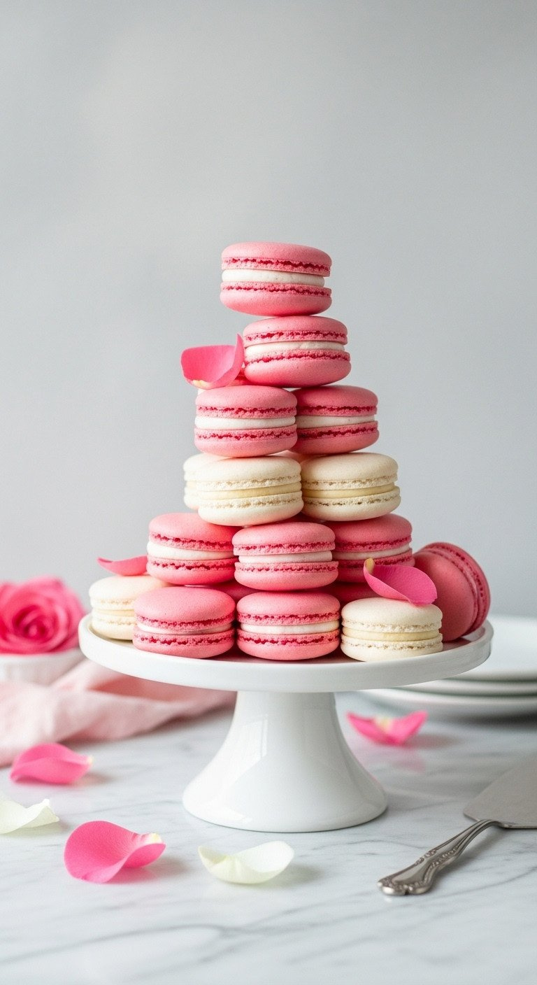 Elegant Stack Of Pink And White Macarons On A White Pedestal, Marble Counter With Rose Petals. Perfect Valentine's Dessert.