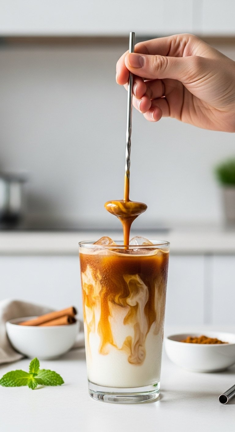 Elegant Stirring Spoon Swirling Layers Of Coffee Milk And Caramel In An Iced Coffee Glass On White Table.