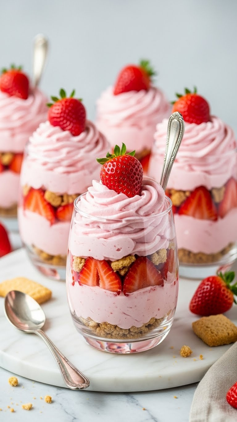 Elegant Strawberry Mousse Parfaits In Clear Glasses With Layered Mousse And Fresh Berries