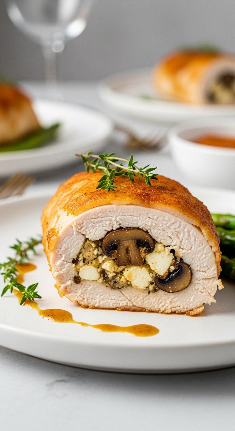 Elegant Stuffed Chicken Breast, Sliced To Reveal Creamy Mushroom Feta Filling, Golden Crisp, On A Minimalist White Plate.