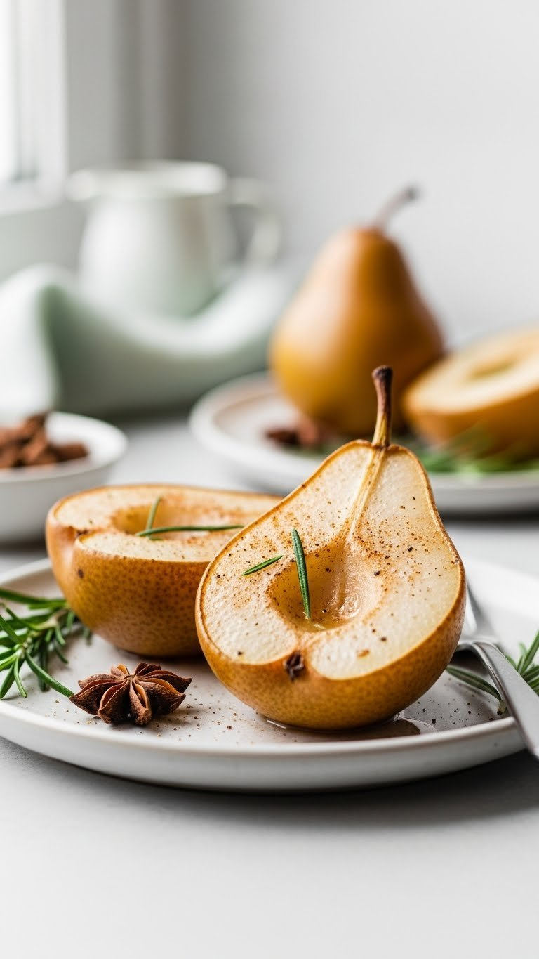 Elegant Sugar-Free Baked Pear Halves With Delicate Golden Hue On Light Ceramic Plate With Soft Window Light
