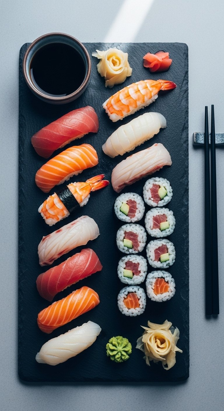 Elegant Sushi Platter Featuring Fresh Nigiri And Rolls Arranged Artistically On A Dark Slate With Wasabi And Ginger.