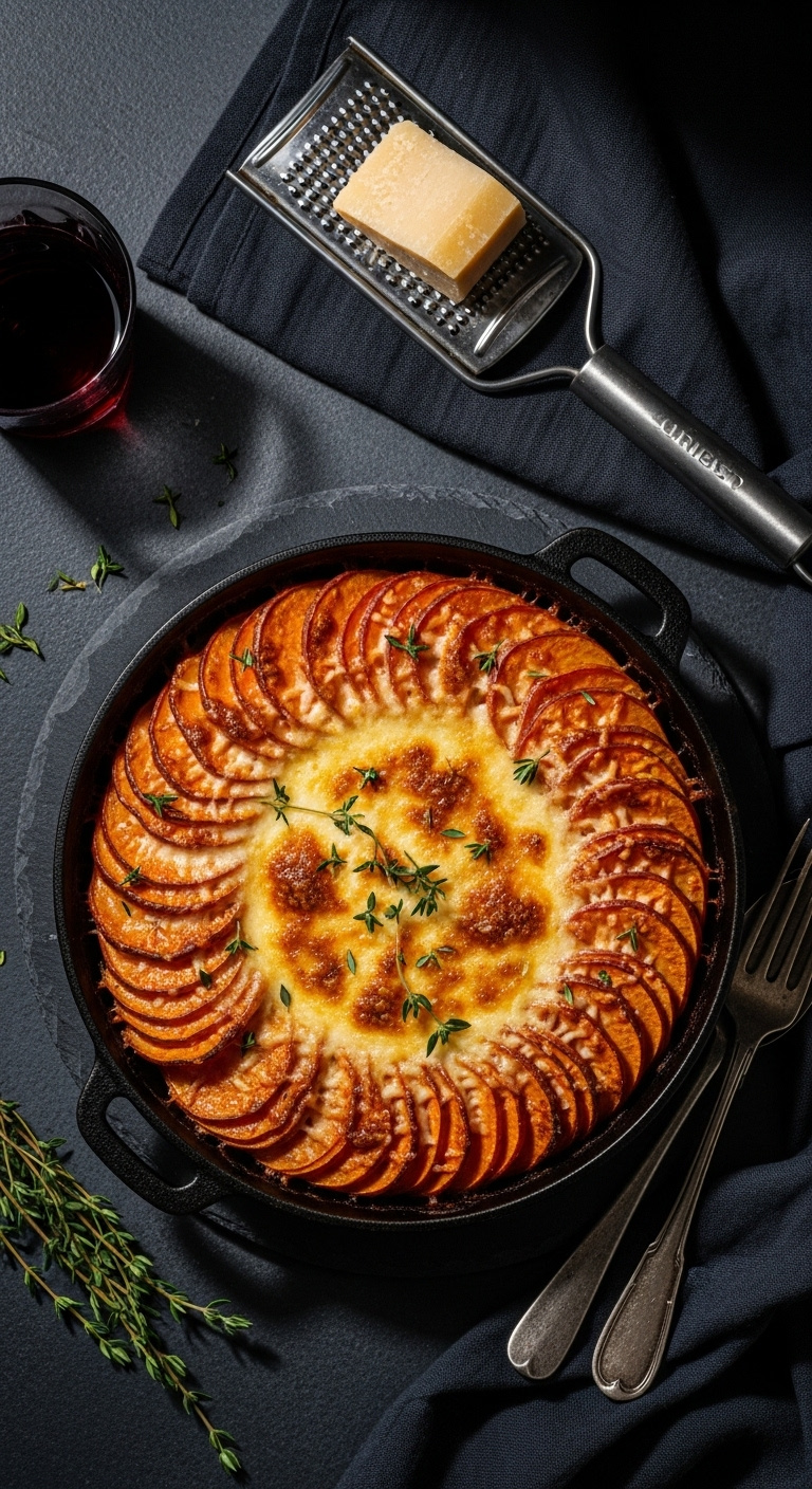 Elegant Sweet Potato Gratin With Melted Gruyère Cheese And Fresh Thyme In A Cast-Iron Dish On A Dark Slate