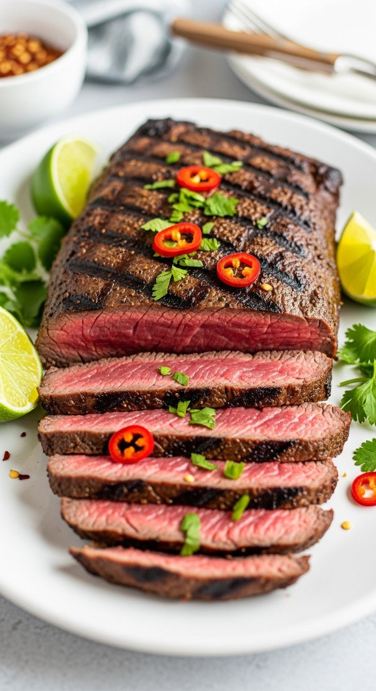 Elegant Thinly Sliced Medium-Rare Flank Steak, Seared With Grill Marks, Fresh Herbs. Quick Christmas Beef.
