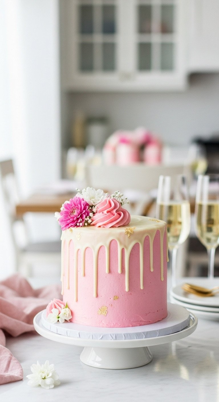 Elegant Two-Tiered Pink Champagne Drip Cake With Delicate Frosting, White Chocolate Drip, Edible Flowers, Gold Flakes.