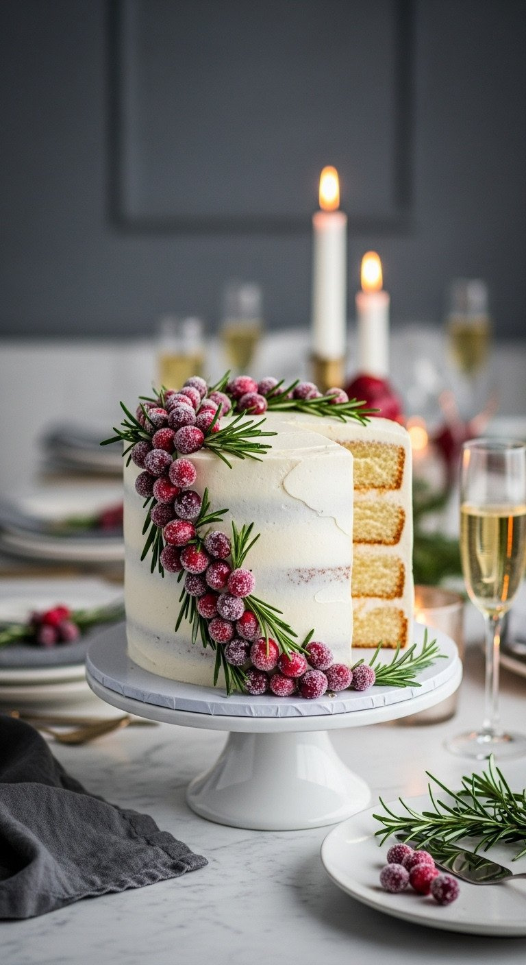 Elegant Vanilla Bean Layer Cake With White Buttercream, Sugared Cranberries, And Rosemary Sprigs, Perfect For Holiday Dining.