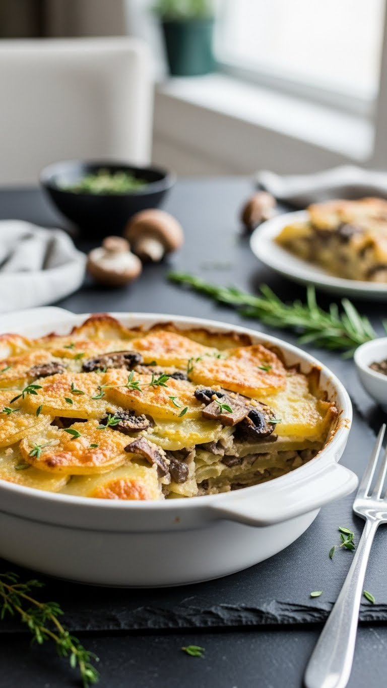 Elegant Vegan Mushroom Potato Gratin With Thinly Sliced Potatoes And Creamy Sauce In White Porcelain Dish