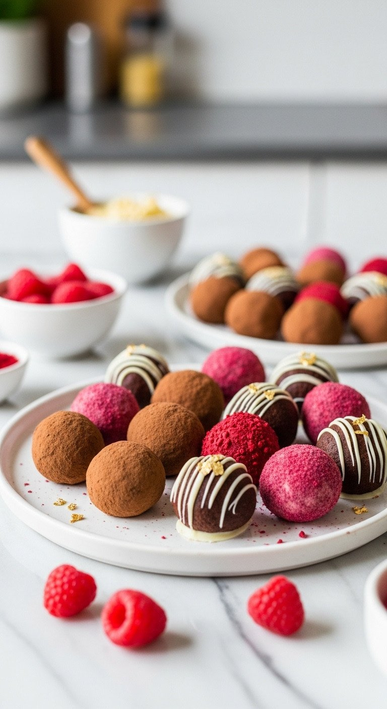 Elegant Vegan Raspberry Truffles: Cocoa, Raspberry Dust, White Chocolate Drizzle. Fresh Berries, Gold Flakes On Marble, Bright Light.