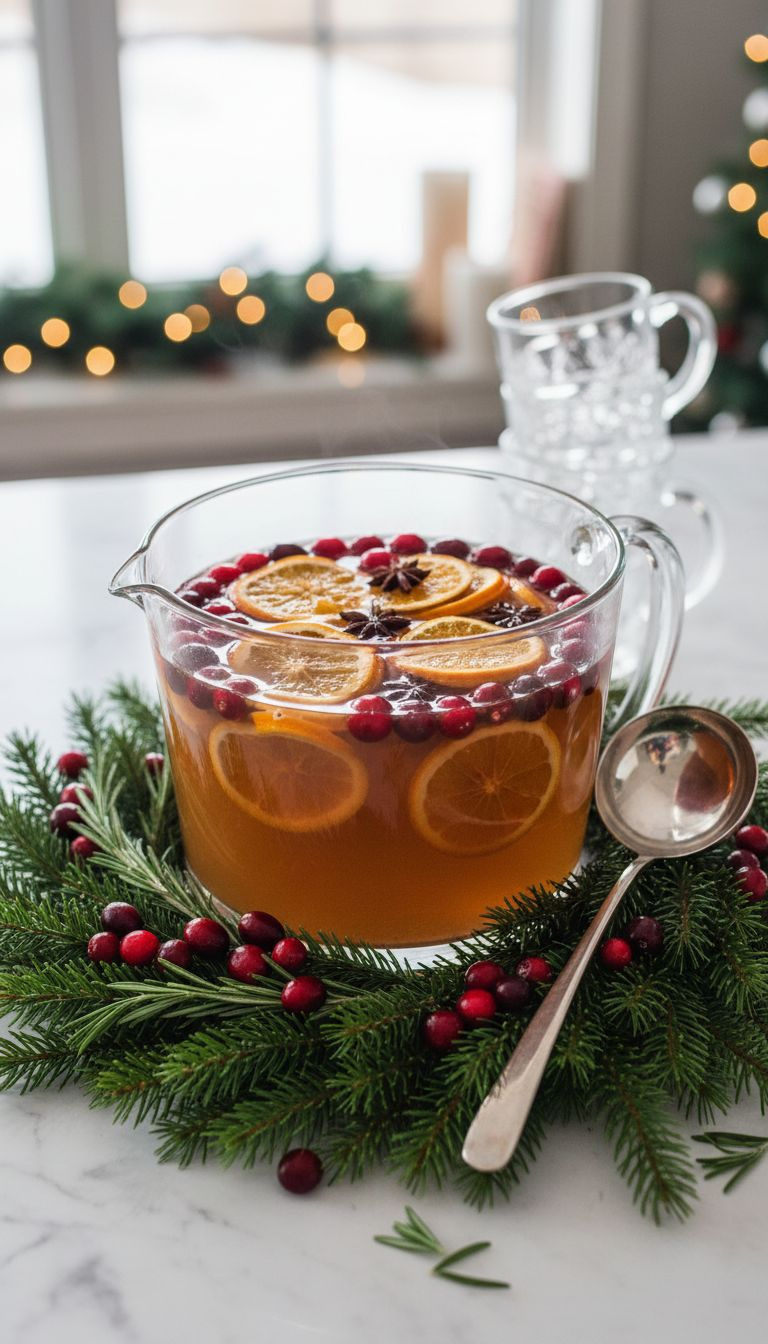 Elegant Wassail In A Punch Bowl With Dried Citrus, Cranberries, Evergreen, And Crystal Mugs On Marble.