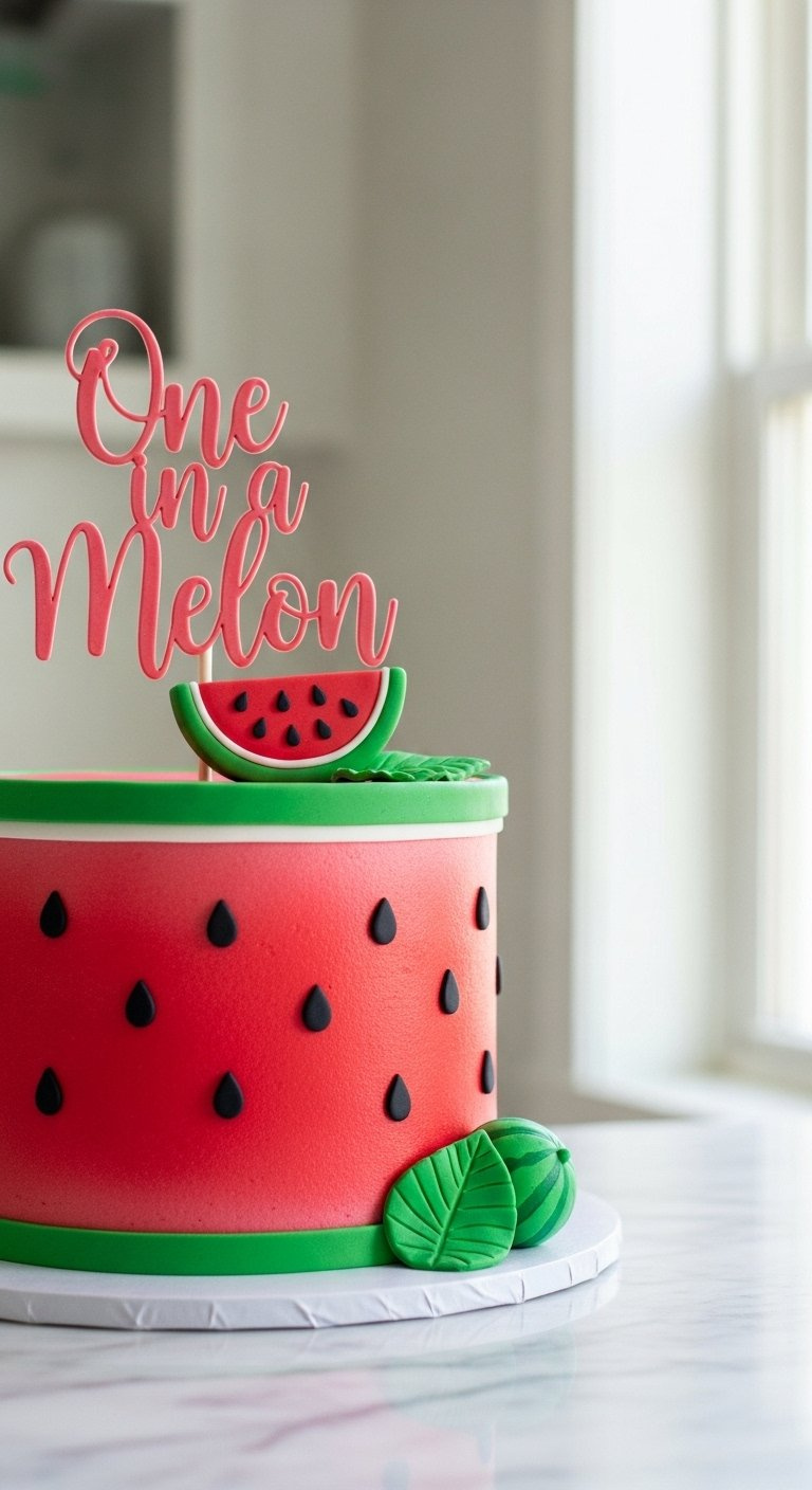Elegant Watermelon Themed Fondant Cake With Realistic Texture And Edible Seeds.