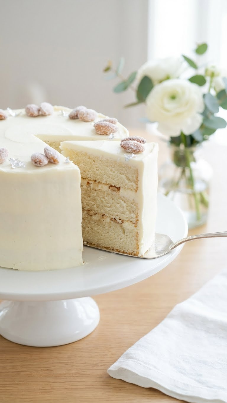 Elegant White Almond Cake Slice With Bright Buttercream And Sugared Almonds On A White Stand With Delicate White Flowers.