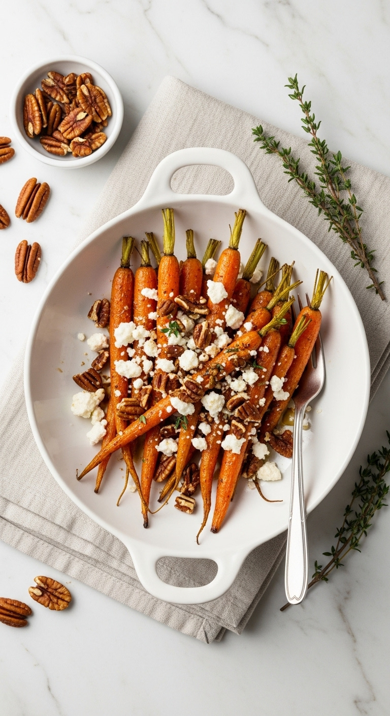 Elegant White Bowl Of Vibrant Roasted Carrots With Crumbled Goat Cheese And Candied Pecans On A Linen Napkin