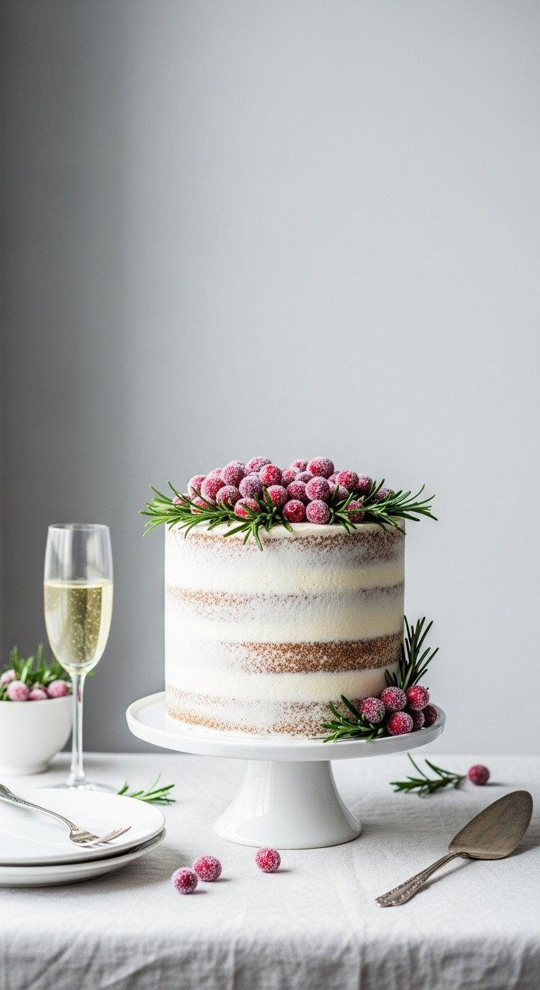 Elegant White Cake: Vanilla Layers, Semi-Naked Frosting, Sugared Cranberries, Rosemary Sprigs. Festive Holiday Dessert Recipe.