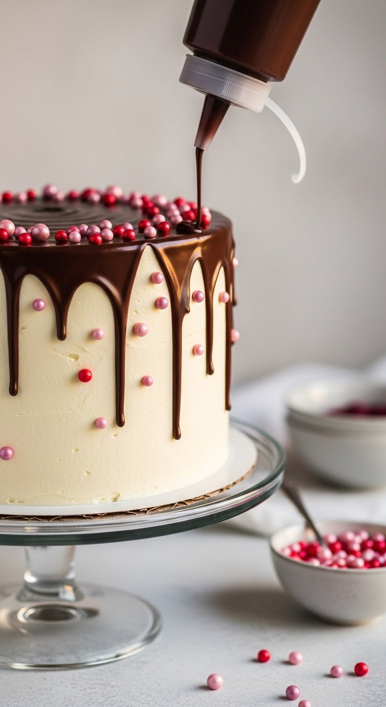 Elegant White Chocolate Cake With Dark Chocolate Drizzle And Scattered Red, Pink Sugar Pearls On A Glass Stand.