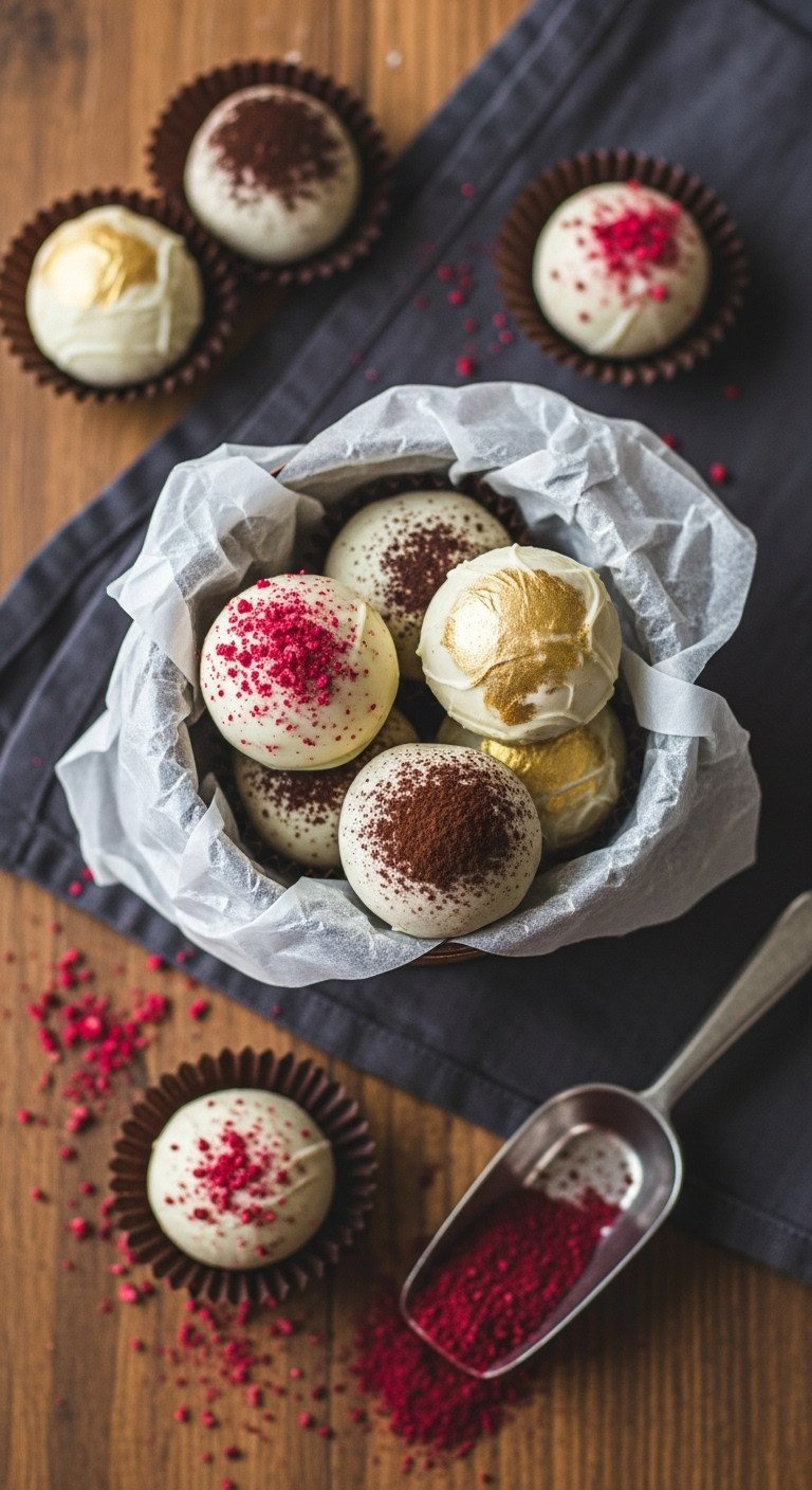 Elegant White Chocolate Truffles With Gold Dust, Raspberry, Cocoa Powder, In Artisanal Box. Rustic Table. Soft Natural Light.