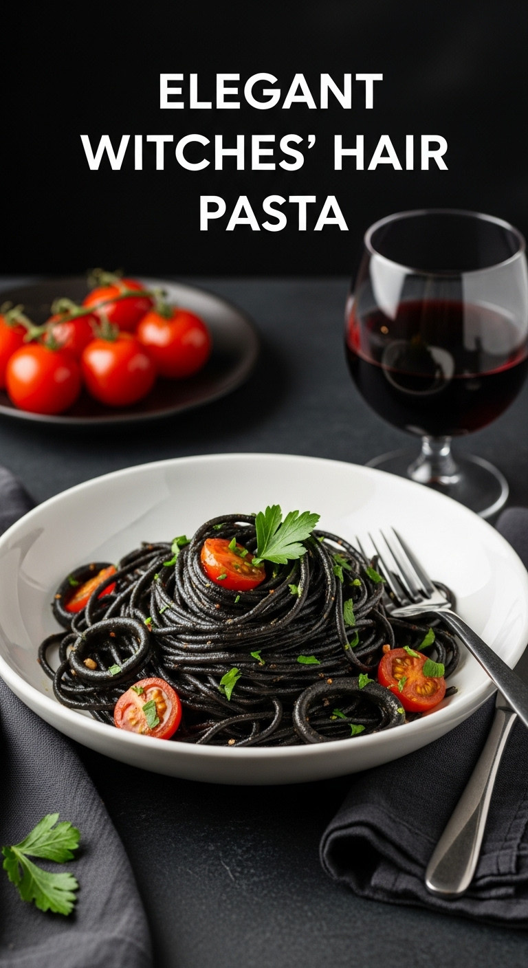 Elegant Witches Hair Pasta With Black Squid Ink Cherry Tomatoes And Parsley In A White Bowl With Red Wine